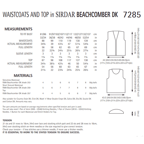 Women's Waistcoat and Hats Knitting Pattern | Sirdar Beachcomber DK 7285| Digital Download - Pattern Information