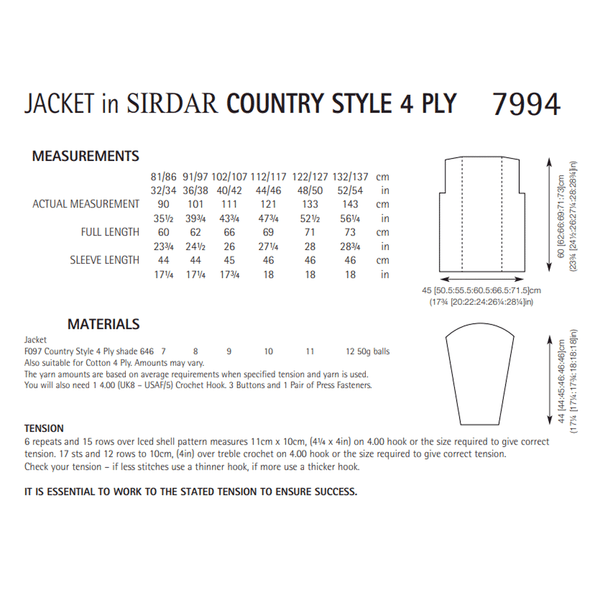 Women's Jacket Knitting Pattern | Sirdar Country Style 4 Ply 7994 | Digital Download - Pattern Information