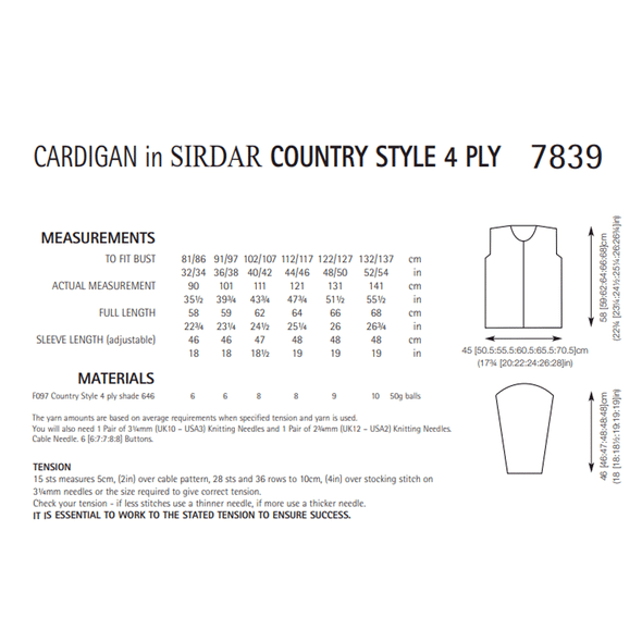 Women's Cardigan Knitting Pattern | Sirdar Country Style 4 Ply 7839 | Digital Download - Pattern Information