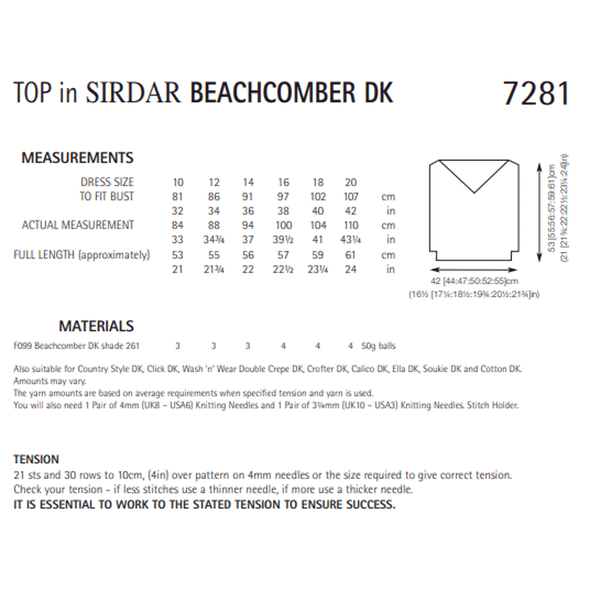 Women's Top Knitting Pattern | Sirdar Beachcomber DK 7281 | Digital Download - Pattern Information