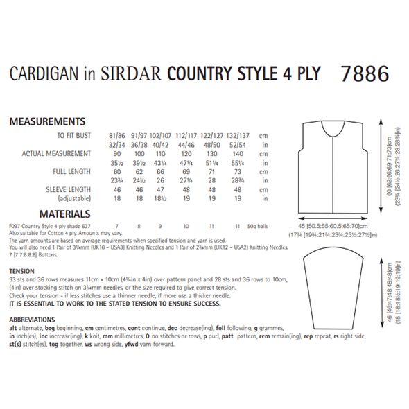 Women's Cardigan Knitting Pattern | Sirdar Country Style 4 Ply 7886 | Digital Download - Pattern Information