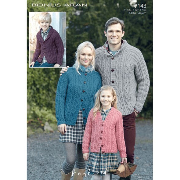 Family Cabled Cardigan Knitting Pattern | Sirdar Hayfield Bonus Aran 7143 | Digital Download - Main Image