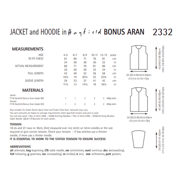 Children's Jacket & Hoodie Knitting Pattern | Sirdar Hayfield Bonus Aran 2332 | Digital Download - Pattern Information