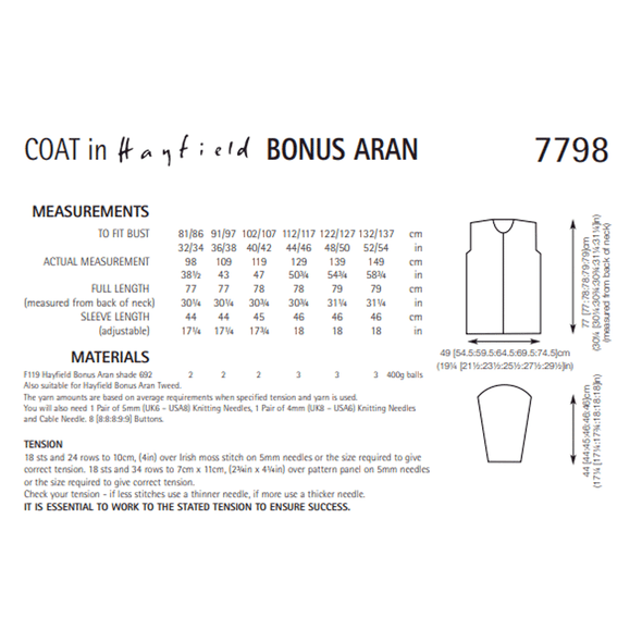  Ladies Collared Coat Knitting Pattern | Sirdar Hayfield Bonus Aran 7798 | Digital Download - Pattern Information