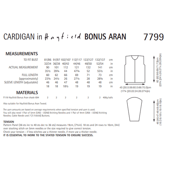 Women's Cabled Cardigan Knitting Pattern | Sirdar Hayfield Bonus Aran 7799 | Digital Download - Pattern Information