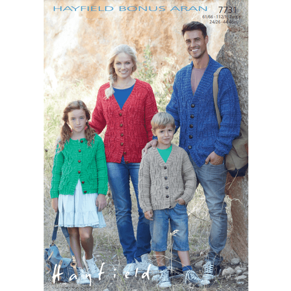 Family Cardigan Knitting Pattern | Sirdar Hayfield Bonus Aran 7731 | Digital Download - Main Image