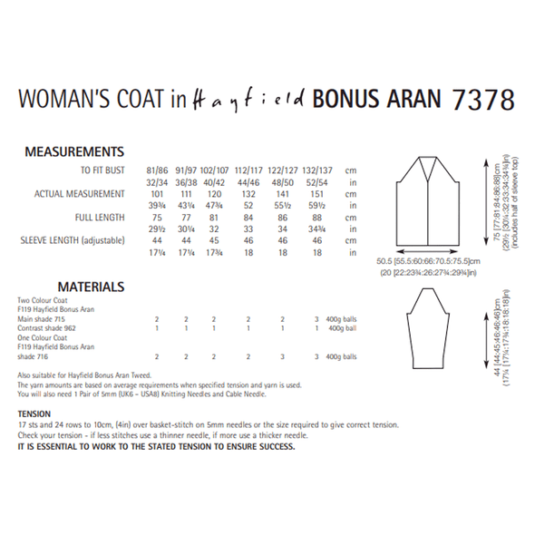 Woman's Coat Knitting Pattern | Sirdar Hayfield Bonus Aran 7378 | Digital Download  - Pattern Information