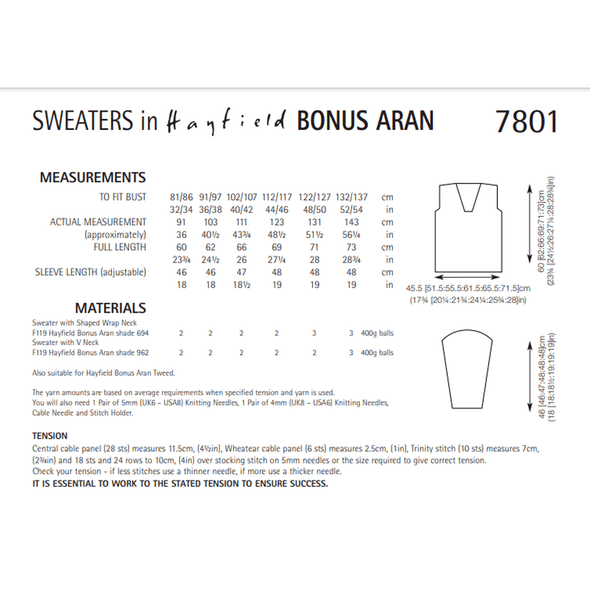 Women's Sweaters Knitting Pattern | Sirdar Hayfield Bonus Aran 7801 | Digital Download - Pattern Information