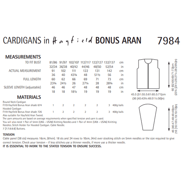 Women's Cardigan Knitting Pattern | Sirdar Hayfield Bonus Aran 7984 | Digital Download - Pattern Information