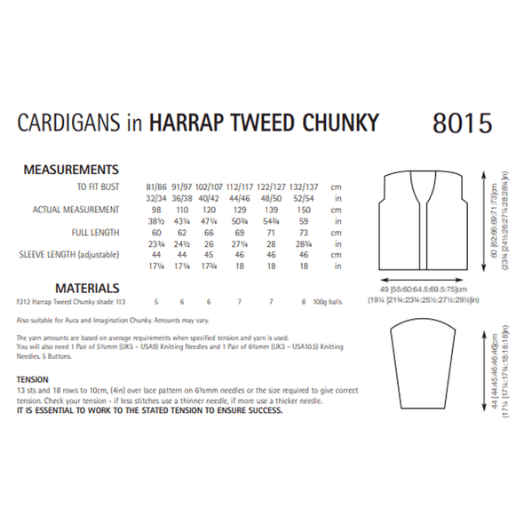 Woman's Cardigans Knitting Pattern | Sirdar Harrap Tweed Chunky 8015 | Digital Download - Pattern Information