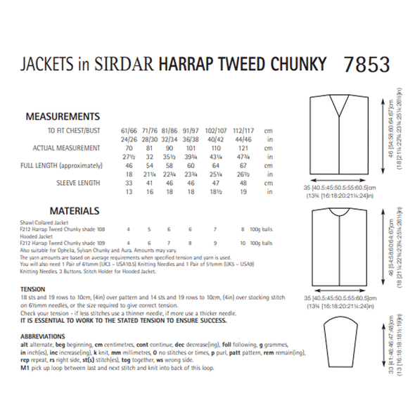 Woman and Girls Hooded and Shawl Collared Jackets Knitting Pattern | Sirdar Harrap Tweed Chunky 7853 | Digital Download - Pattern Information