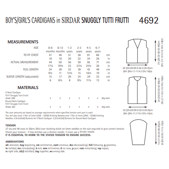 Boys and Girls Cardigans Knitting Pattern | Sirdar Snuggly Tutti Frutti 4692 | Digital Download - Pattern Information