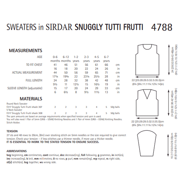 Sweaters for Children Knitting Pattern | Sirdar Snuggly Tutti Frutti 4788 | Digital Download - Pattern Information