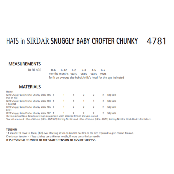 Baby and Children's Hat, Helmet and Beret Knitting Pattern | Sirdar Snuggly Baby Crofter Chunky, 4781 | Digital Download - Pattern Information