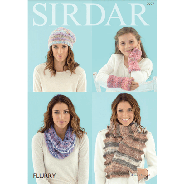 Woman and Girls Snood, Scarf, Hat and Wrist Warmers Knitting Pattern | Sirdar Flurry 7957 | Digital Download - Main Image