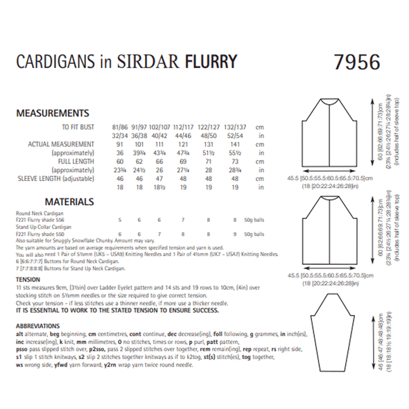 Women Stand up Collar and Round Neck Cardigans Knitting Pattern | Sirdar Flurry 7956 | Digital Download - Pattern Information
