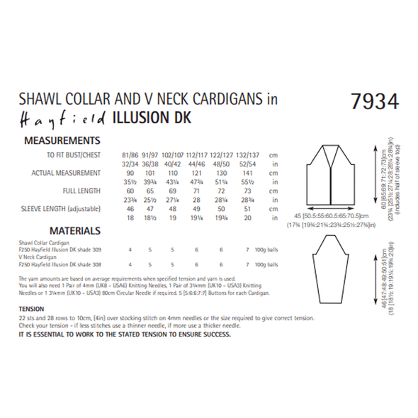 Women Men Cardigans Knitting Pattern | Sirdar Hayfield Illusion DK 7934 | Digital Download - Pattern Information