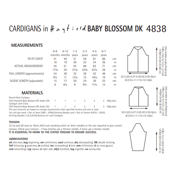 Baby Children's Cardigan With Collar Knitting Pattern | Sirdar Hayfield Baby Blossom DK 4838 | Digital Download - Pattern Information