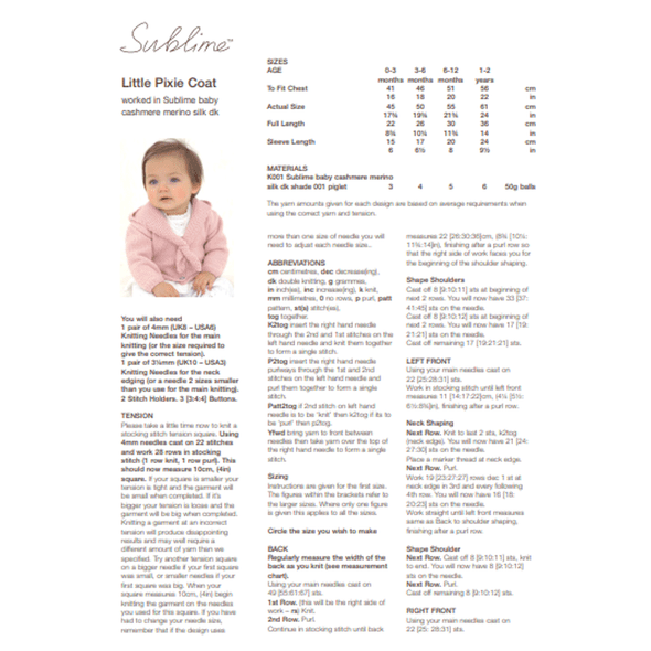 Little Pixie Coat Knitting Pattern | Sirdar Sublime Baby Cashmere Merino Silk DK 6019 | Digital Download - Pattern Information