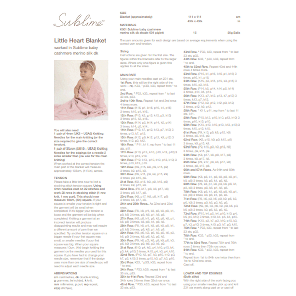 Little Heart Blanket And Ballerina Bunny Knitting Pattern | Sirdar Sublime Baby Cashmere Merino Silk DK 6009 - Pattern Information