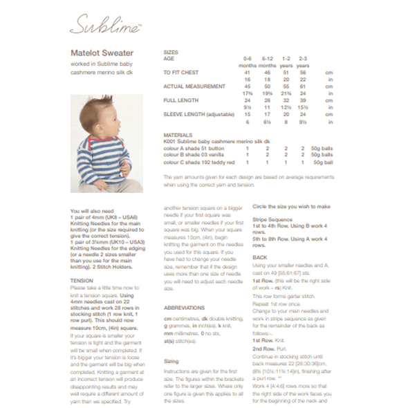 Matelot Sweaters Knitting Pattern | Sirdar Sublime Baby Cashmere Merino Silk DK 6013 | Digital Download - Pattern Information
