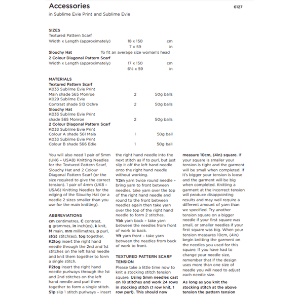 Woman's Accessories Knitting Pattern | Sirdar Sublime Evie Prints 6127 | Digital Download - Pattern Information