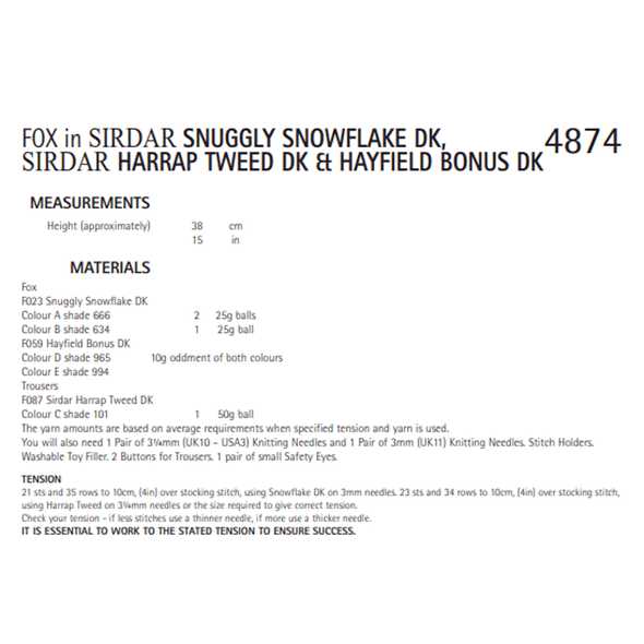 Fox Knitting Pattern | Sirdar Snuggly Snowflake DK, Hayfield Bonus DK & Harrap Tweed DK 4874 | Digital Download - Pattern Information