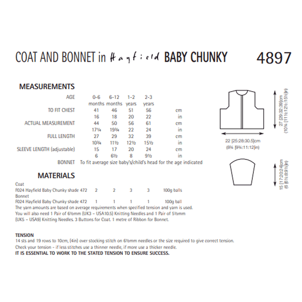 Babies Coat And Bonnet Knitting Pattern | Sirdar Hayfield Baby Chunky 4897 | Digital Download - Pattern Information