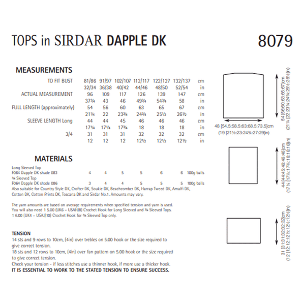Woman's Long And ¾ Sleeved Tops Crochet Pattern | Sirdar Dapple DK 8079 | Digital Download - Pattern Information