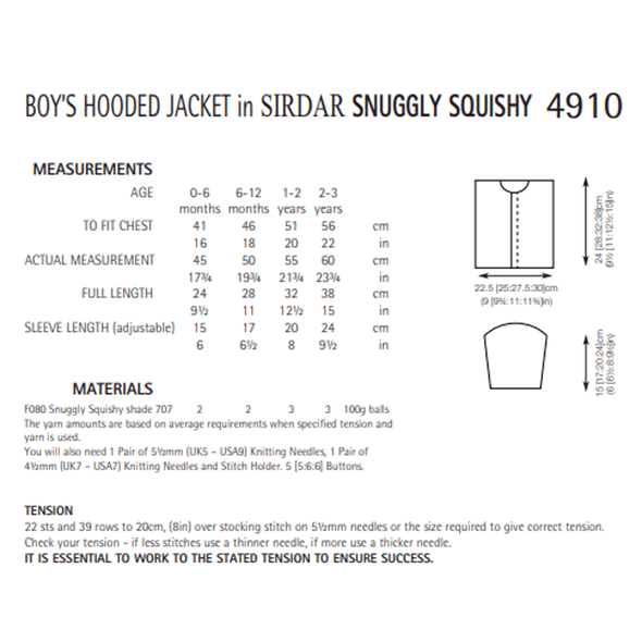 Baby Boy's Hooded Jacket Knitting Pattern | Sirdar Snuggly Squishy 4910 | Digital Download - Pattern Information