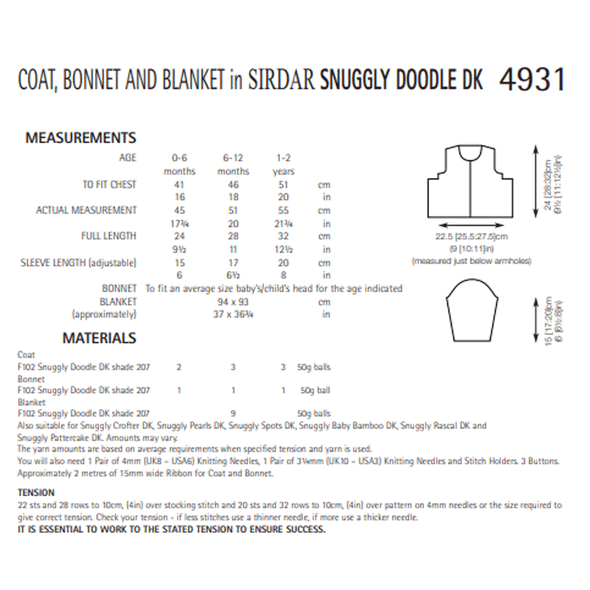 Baby Coat, Bonnet And Blankets Knitting Pattern | Sirdar Snuggly Doodle DK 4931 | Digital Download - Pattern Information