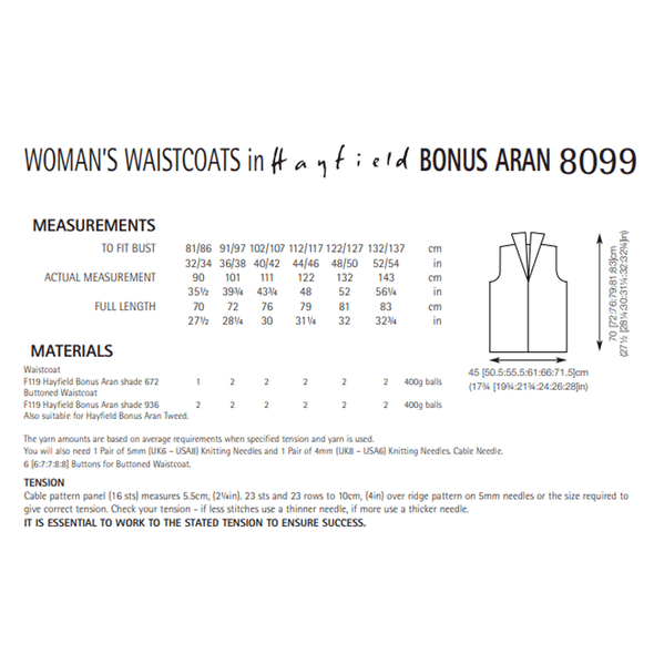 Woman's Waistcoat Knitting Pattern | Sirdar Hayfield Bonus Aran 8099 | Digital Download - Pattern Information