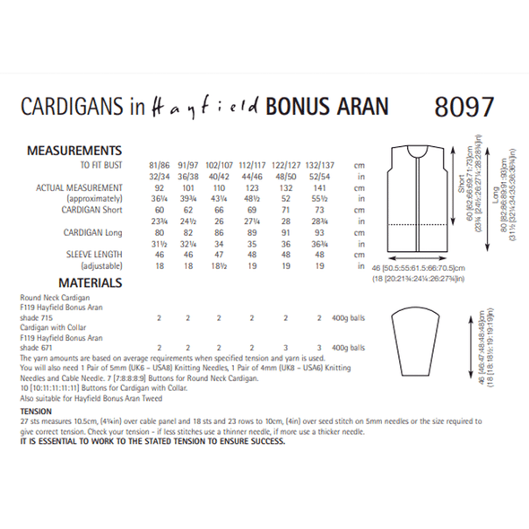 Woman's Cardigans Knitting Pattern | Sirdar Hayfield Bonus Aran 8097 | Digital Download - Pattern Information