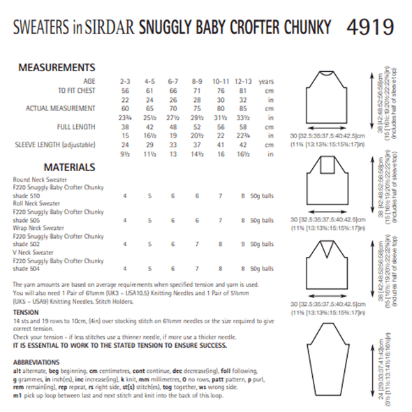 Children's Sweaters Knitting Pattern | Sirdar Snuggly Baby Crofter Chunky 4919 | Digital Download - Pattern Information