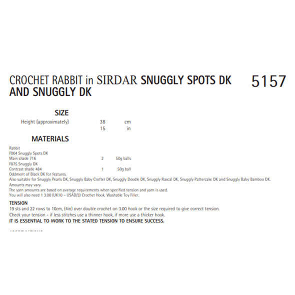 Rabbit Toy Crochet Pattern | Sirdar Snuggly Spot DK & Snuggly DK 5157 | Digital Download - Pattern Information