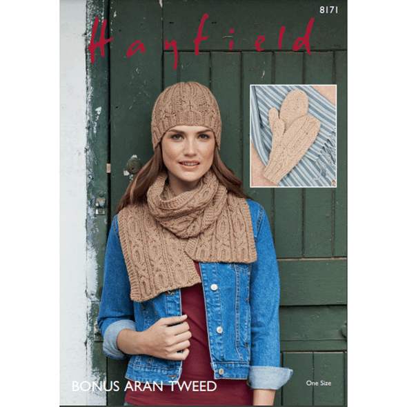 Women's Scarf, Hat And Mittens Knitting Pattern | Sirdar Hayfield Bonus Aran 8171 | Digital Download - Main Image