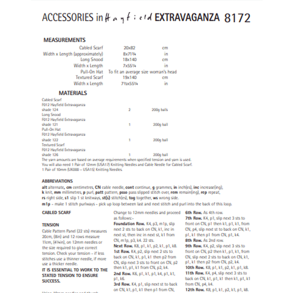 Women's Accessories Knitting Pattern | Sirdar Hayfield Extravaganza 8172 | Digital Download - Pattern Information