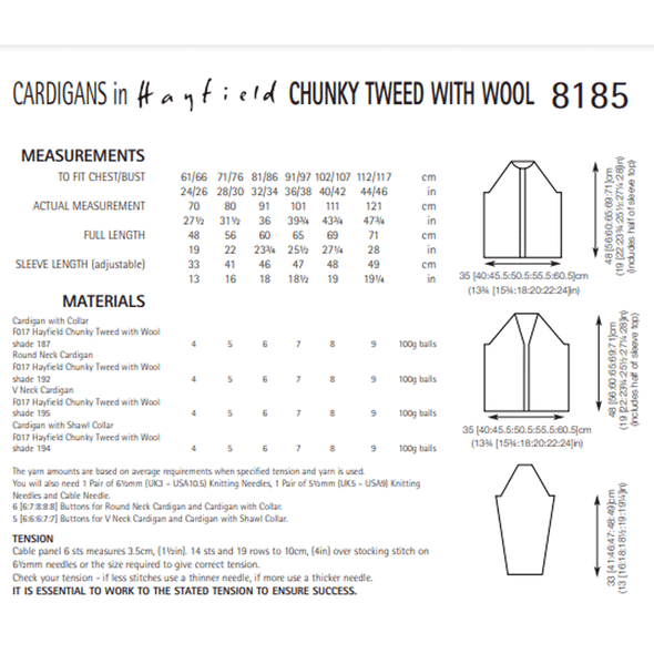 Cardigans Knitting Pattern | Sirdar Hayfield Chunky Tweed With Wool 8185 | Digital Download - Pattern Information