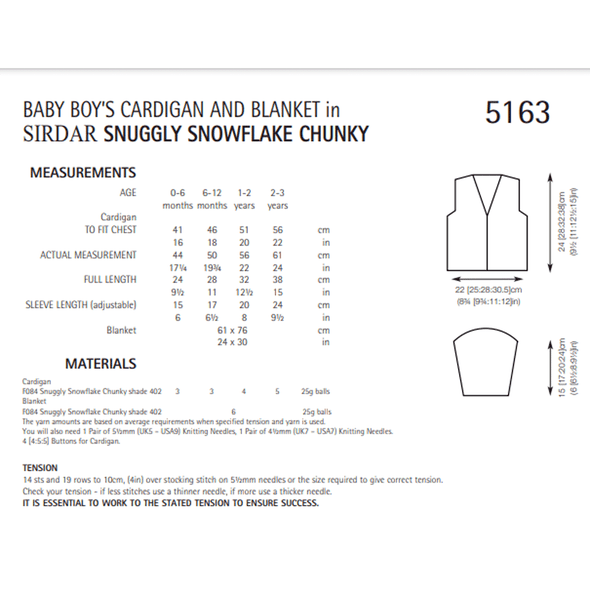 Baby Boy's Cardigan And Blanket Knitting Pattern | Sirdar Snuggly Snowflake Chunky 5163 | Digital Download - Pattern Information