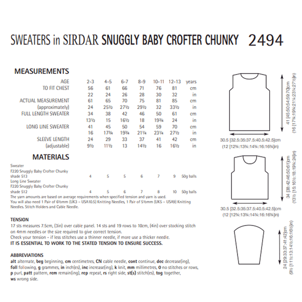 Children's Sweaters Knitting Pattern | Sirdar Snuggly Baby Crofter Chunky 2494 | Digital Download - Pattern Information