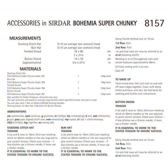 Women's Accessories Knitting Pattern | Sirdar Bohemia Super Chunky 8157 | Digital Download - Pattern Information