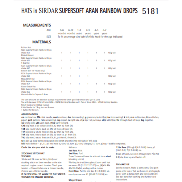 Babies And Children's Hat Knitting Pattern | Sirdar Supersoft Aran Rainbow Drops 5181 | Digital Download - Pattern Information