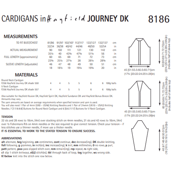 Men and Women Cardigan Knitting Pattern | Sirdar Hayfield Journey DK 8186 | Digital Download - Pattern Information