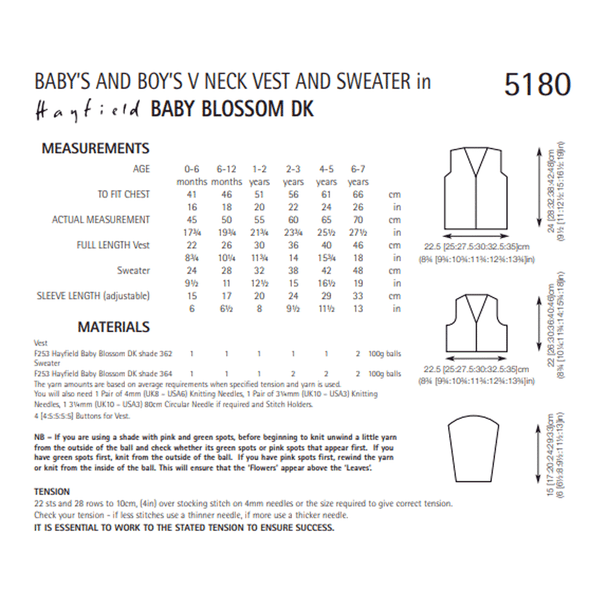 Baby's And Boy's V-Neck Vest And Sweater Knitting Pattern | Sirdar Hayfield Baby Blossom DK 5180 | Digital Download - Pattern Information