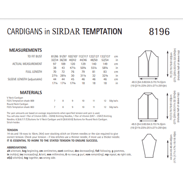Women's Cardigan Knitting Pattern | Sirdar Temptation 8196 | Digital Download - Pattern Information