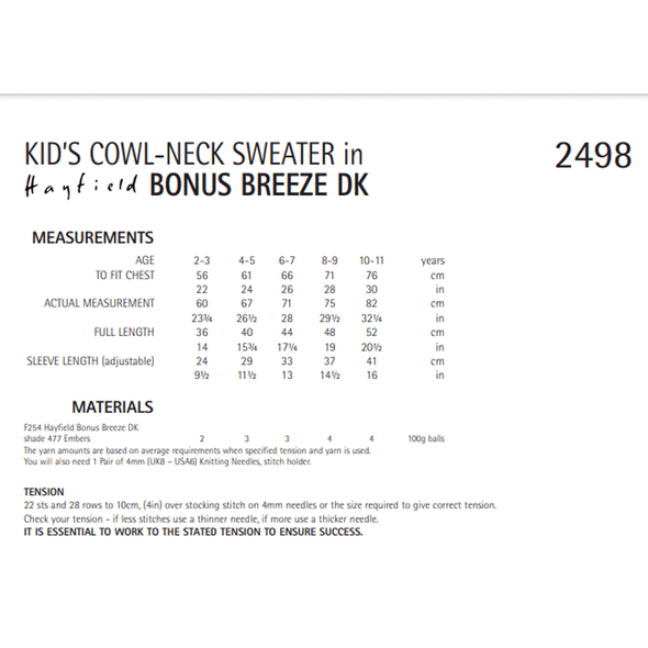 Kid's Cowl-Neck Sweater Knitting Pattern | Sirdar Hayfield Bonus Breeze DK 2498 | Digital Download - Pattern Information