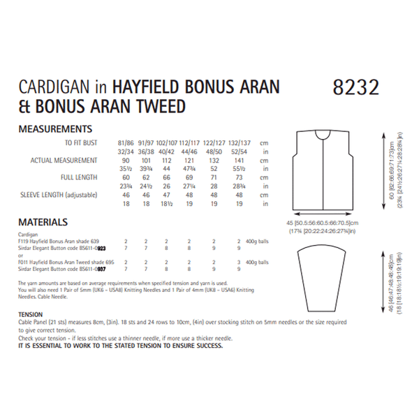 Cardigan Knitting Pattern | Sirdar Hayfield Bonus Aran Tweed And Bonus Aran 8232 | Digital Download - Pattern Information