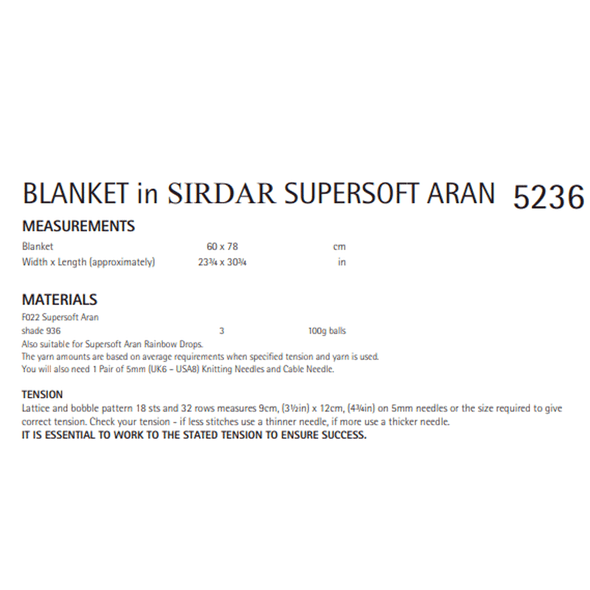 Blanket Knitting Pattern | Sirdar Supersoft Aran 5236 | Digital Download - Pattern Information