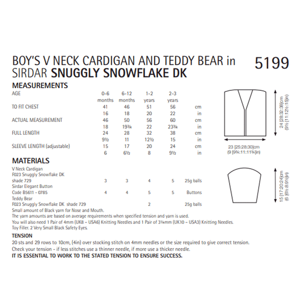 Boy's V-Neck Cardigan And Teddy Bear Knitting Pattern | Sirdar Snuggly Snowflake DK 5199 | Digital Download - Pattern Information