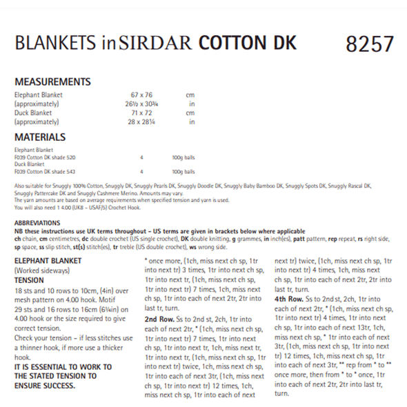 Blankets Crochet Pattern | Sirdar Cotton DK 8257 | Digital Download - Pattern Information
